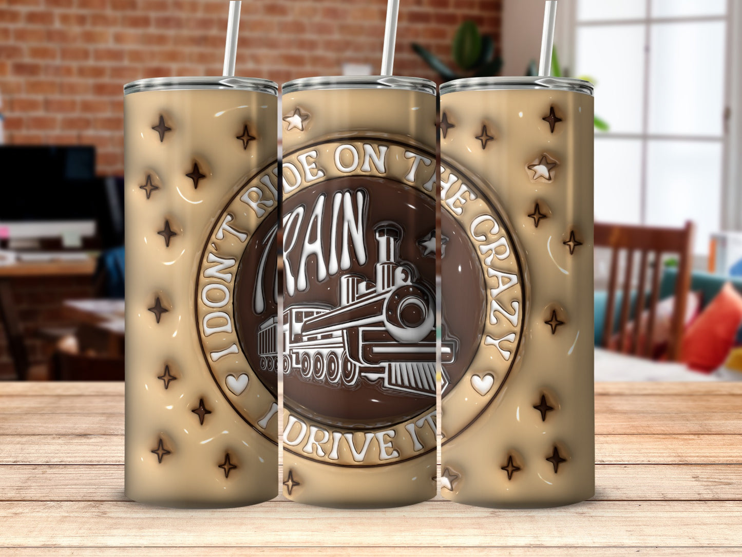 I DON'T RIDE ON THE CRAZY TRAIN I DRIVE IT train tumbler product type
train tumbler, crazy train, I drive it, quote tumbler, funny drinkware, stars design, beverage holder, locomotive art, railway enthusiast, unique gift, statement piece, drink container, travel accessory, witty saying, hobby train, adventure theme, cream brown, tumbler art, novelty drinkware, expressive design