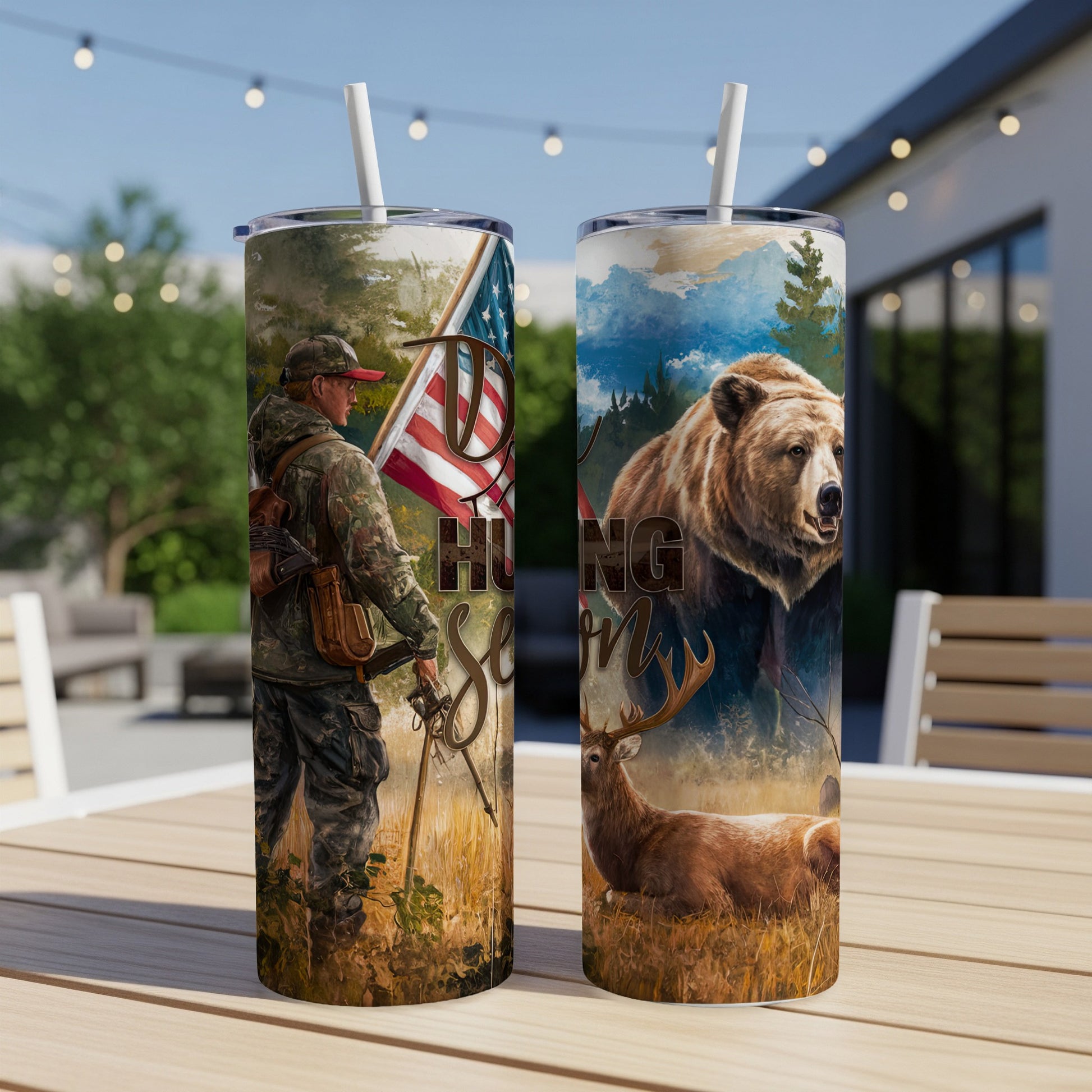 Two tumblers showing a hunter, a bear, and a deer with American flag elements.