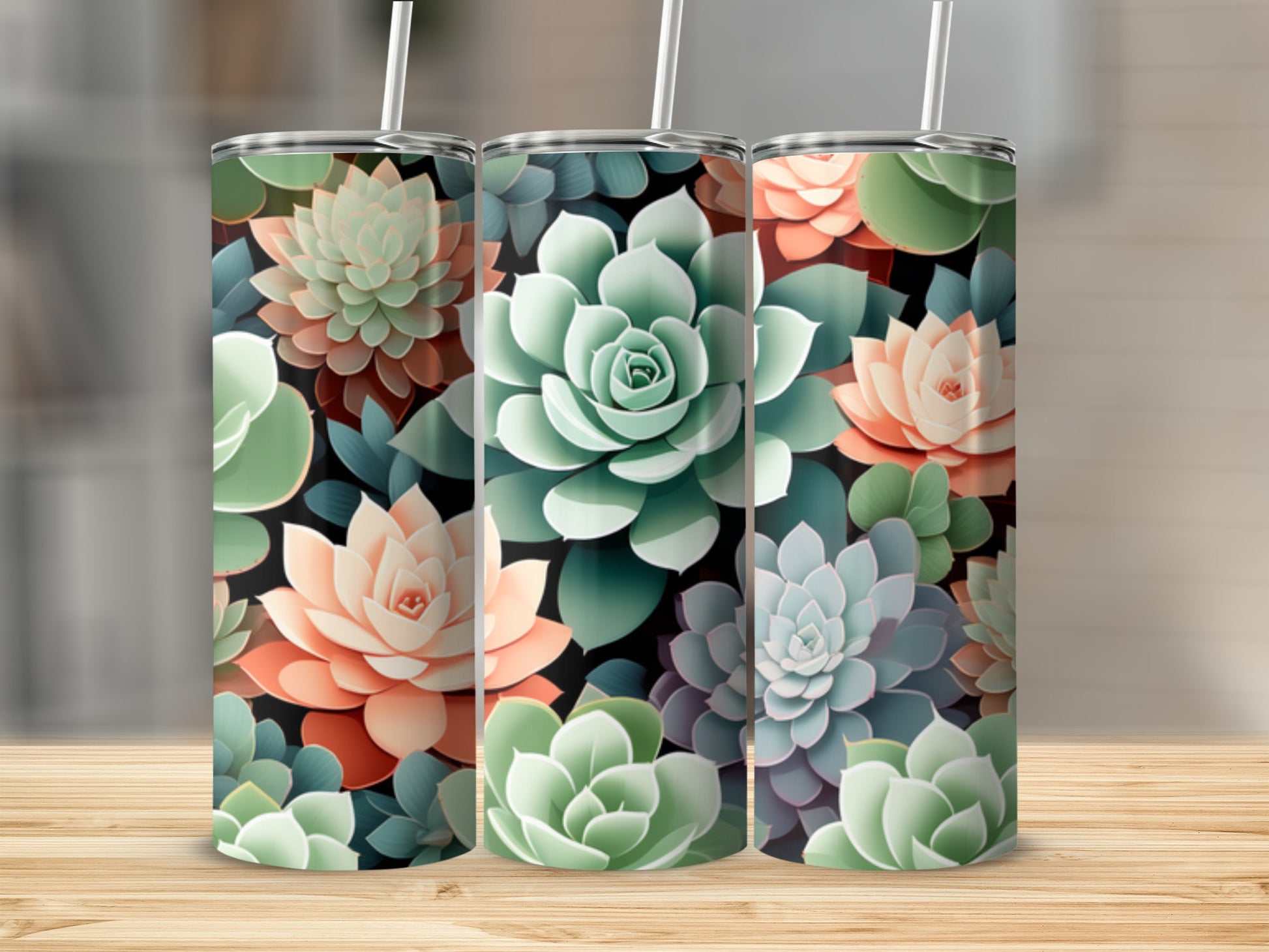 Three tumblers with a repeating pattern of colorful succulent plants.