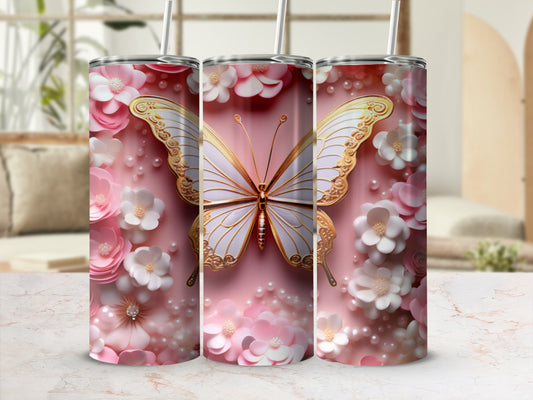 Pink tumbler with a large gold butterfly and floral accents.