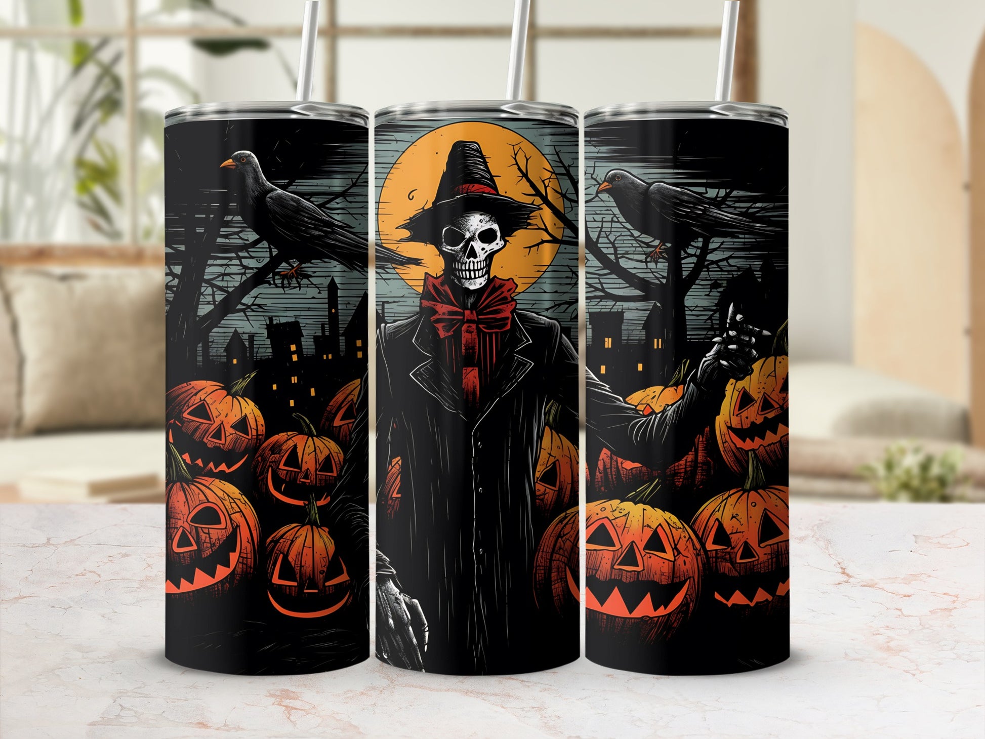Triptych of tumblers with Halloween skeleton, crows, pumpkins, and haunted houses under a full moon.