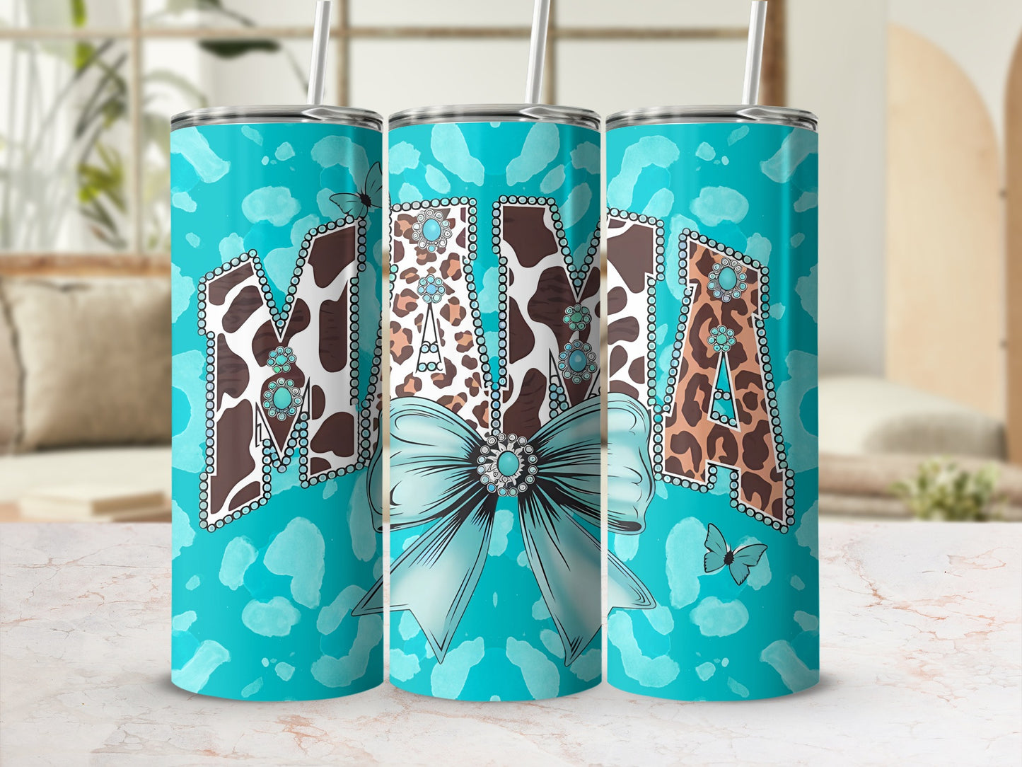 Turquoise and Animal Print Mama Tumbler Cup