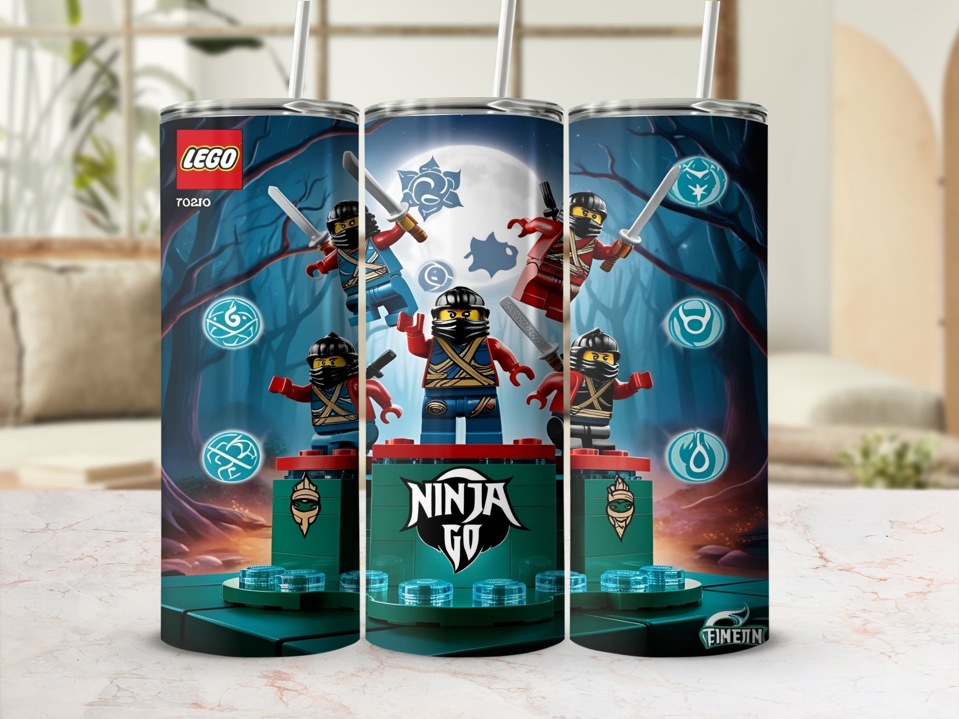 Lego Ninjago tumbler featuring five Ninjago characters standing on green platforms with blue circular symbols.