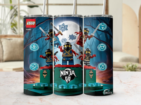 Lego Ninjago tumbler featuring five Ninjago characters standing on green platforms with blue circular symbols.
