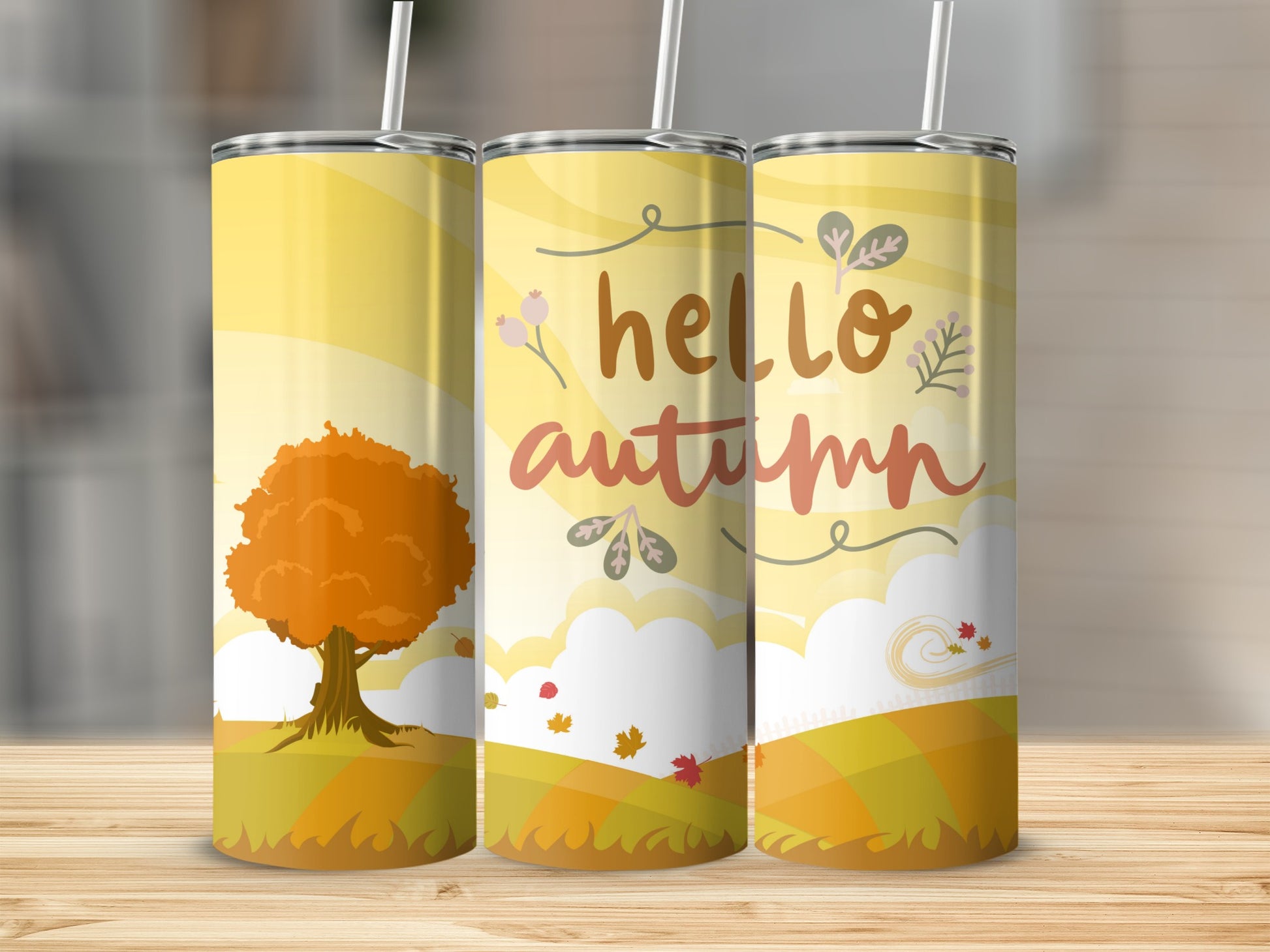 Hello Autumn Fall Theme Tumbler With Leaves Design