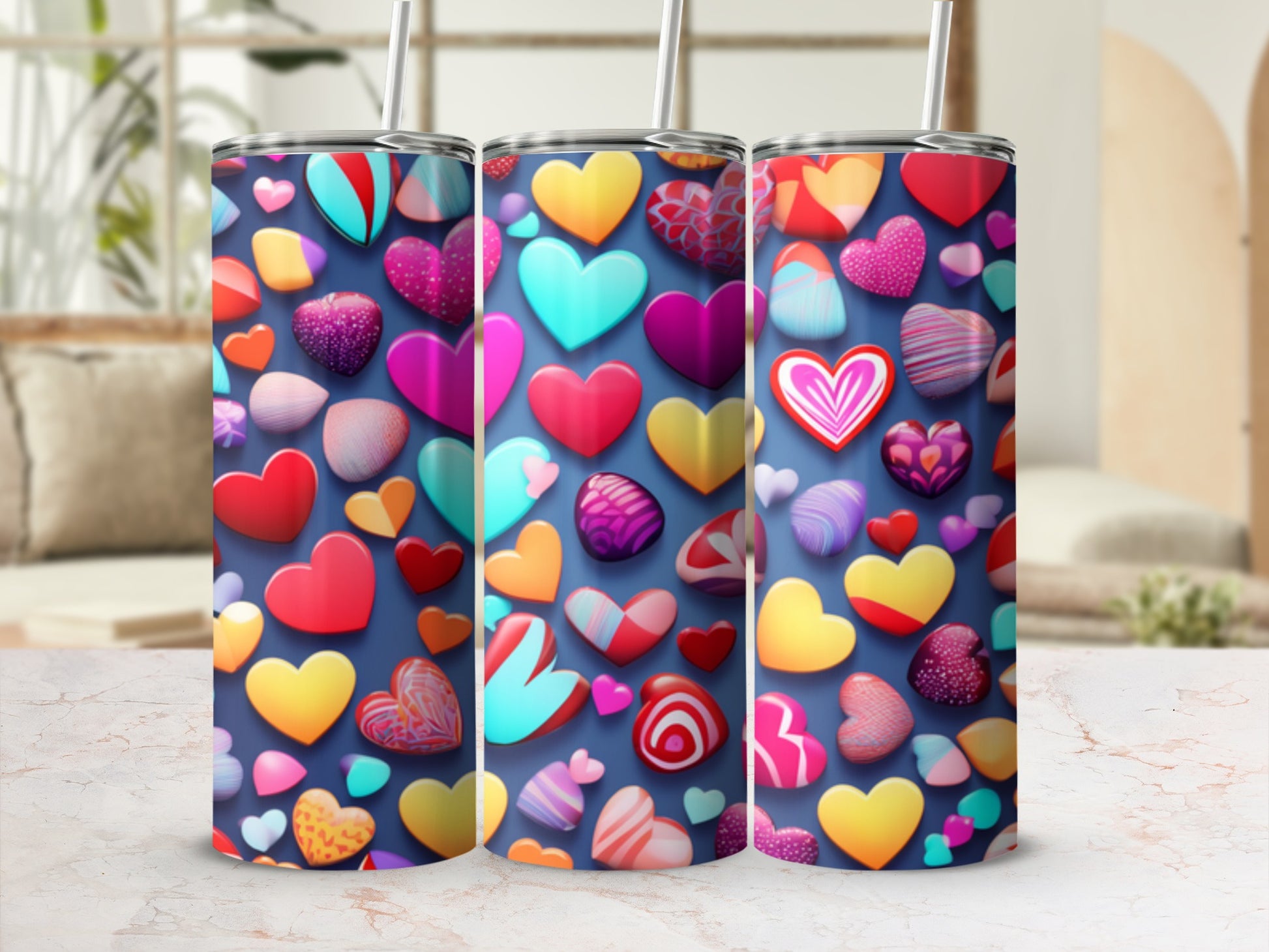 Three tumblers with a colorful, varied heart pattern, displayed on a patterned surface.