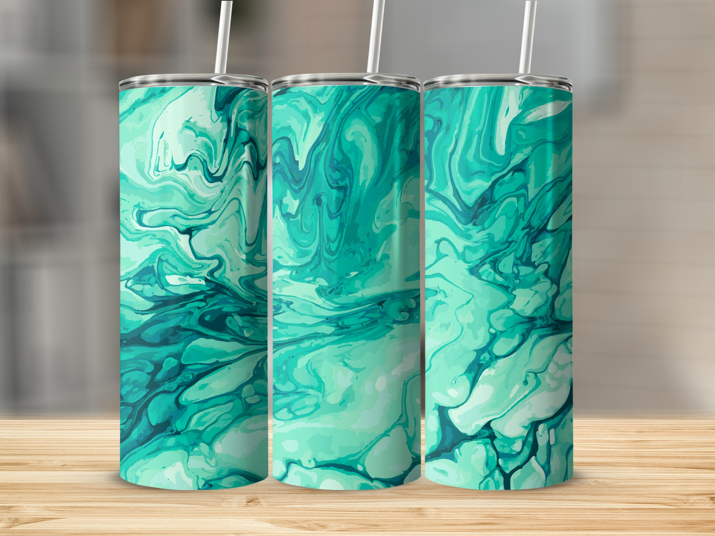 Three tumblers with abstract teal and white marble pattern designs.