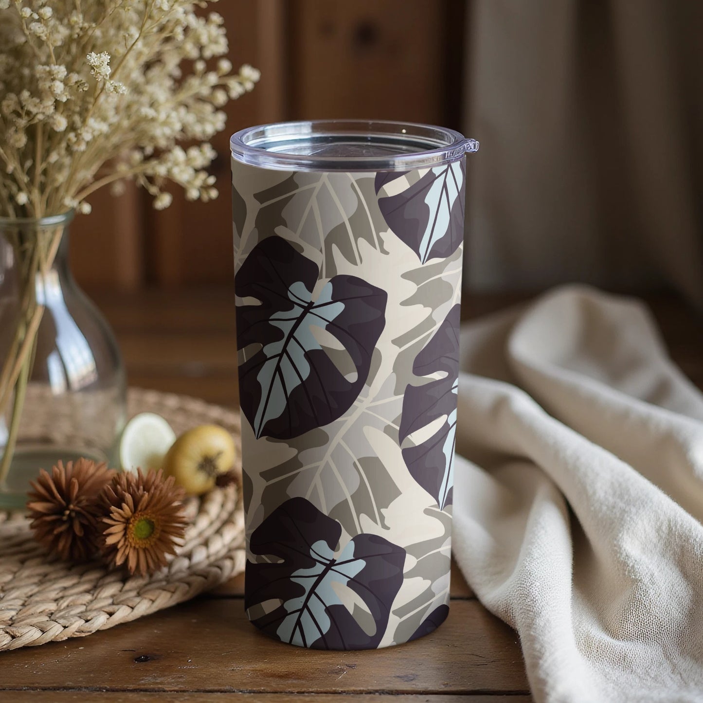 Tropical Leaf Print Stainless Steel Tumbler Cup