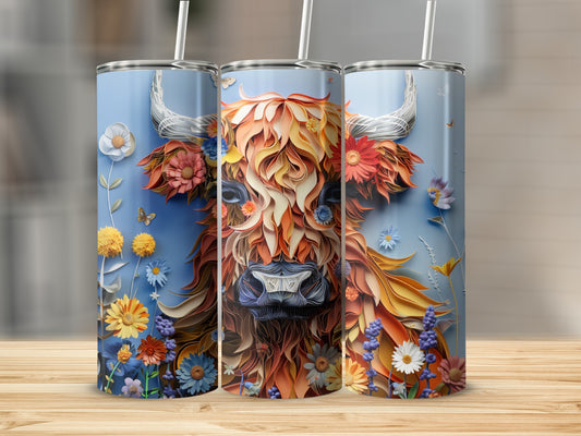 Highland cow with colorful flowers and butterflies on a blue tumbler.