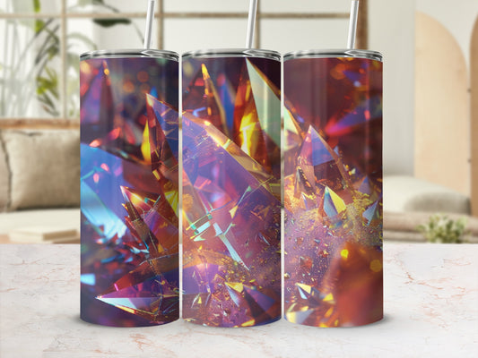 Three tumblers with vibrant crystal designs, angled towards the viewer.