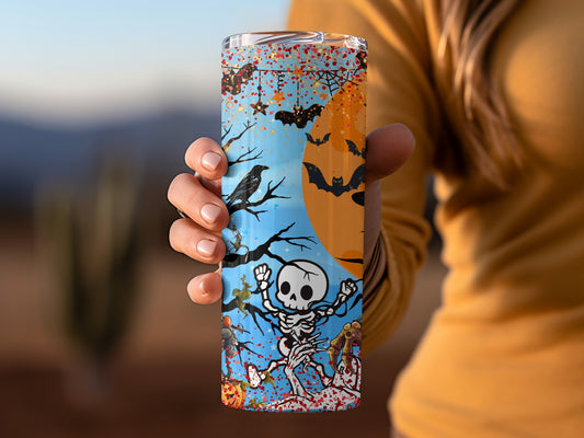 Halloween Themed Tumbler with Skeleton and Bats Design