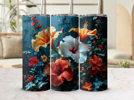 Three tumblers featuring vibrant hibiscus flowers on a dark blue background.