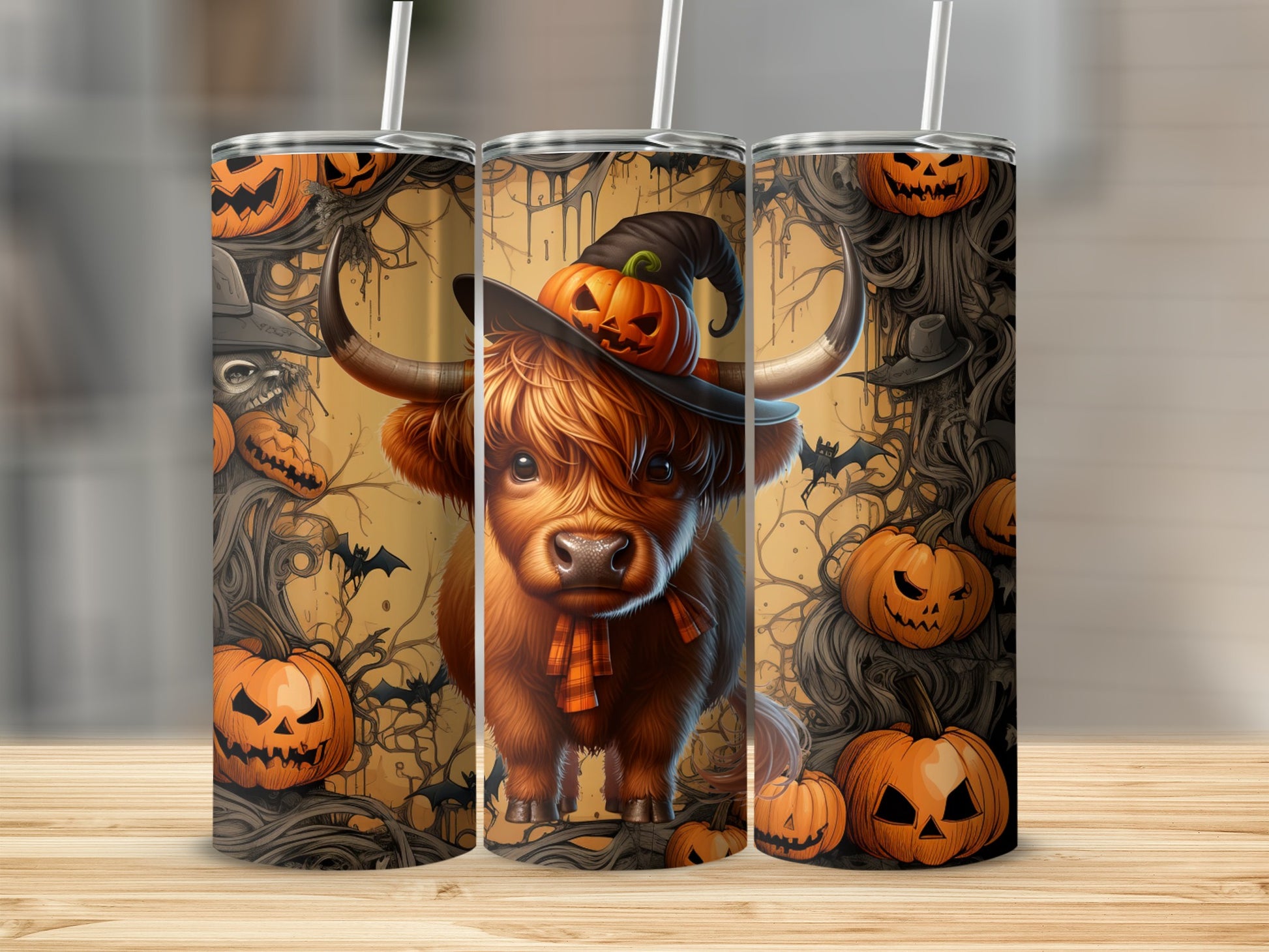 Halloween Highland Cow and Pumpkins Tumbler Cup