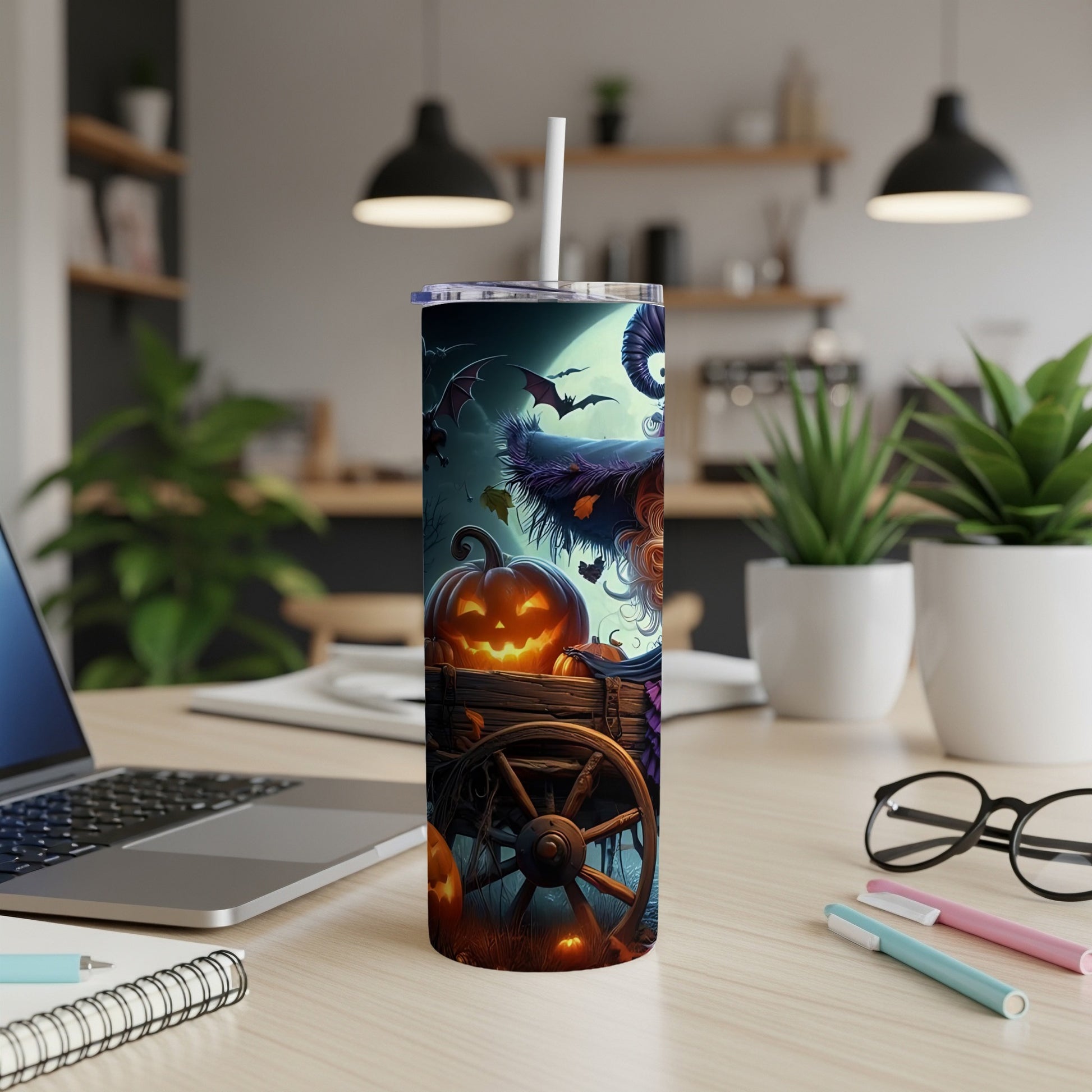 Tumbler with Halloween scene featuring a witch's hat, pumpkin, bats, and moon.