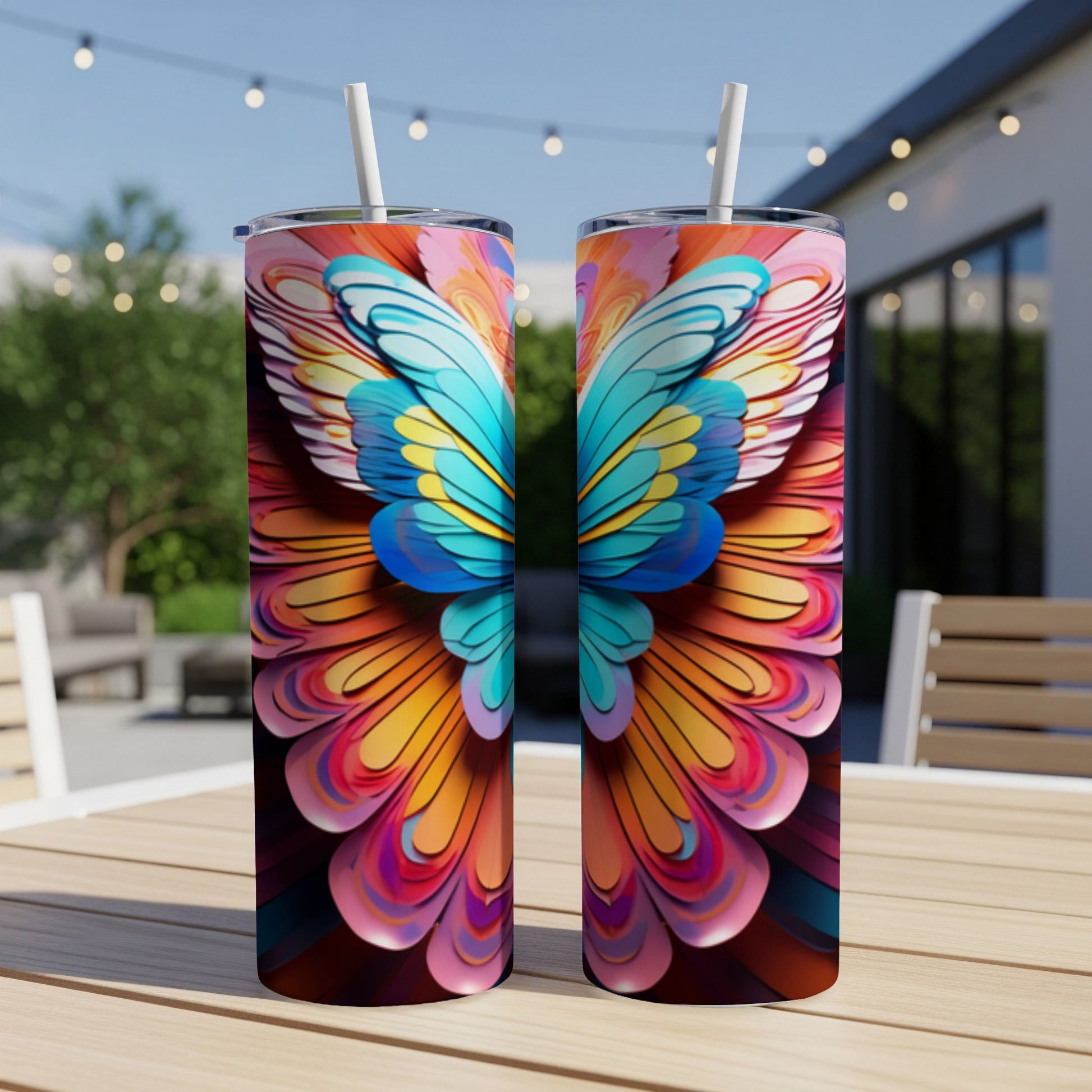 Two colorful butterfly wing pattern tumblers with straws on a table outdoors.