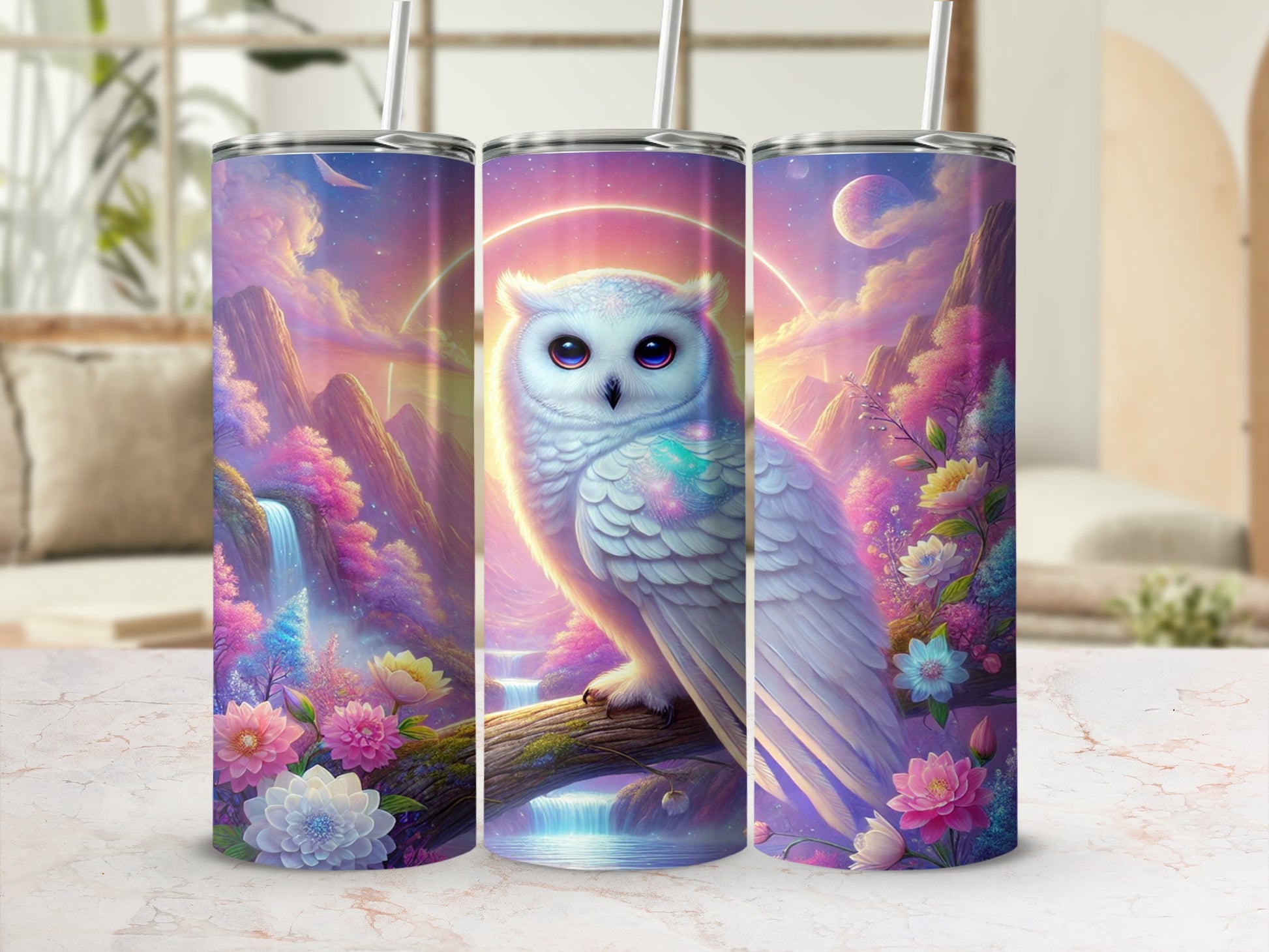Magical Owl with Flowers and Mystical Landscape Tumbler