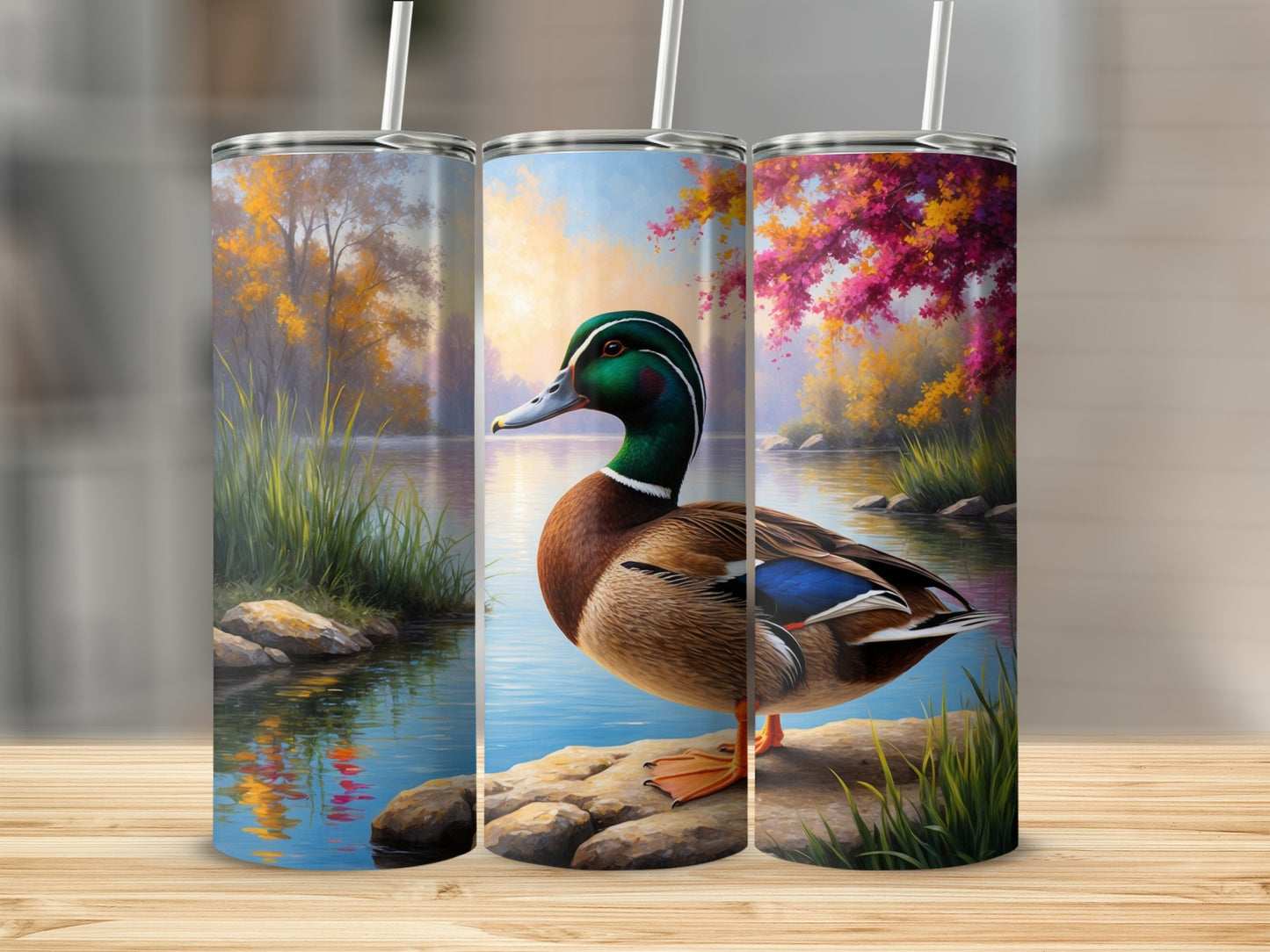 Mallard duck in peaceful natural landscape on a tumbler.