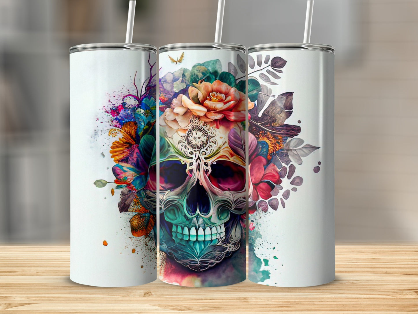 Colorful Skull and Floral Design Tumbler