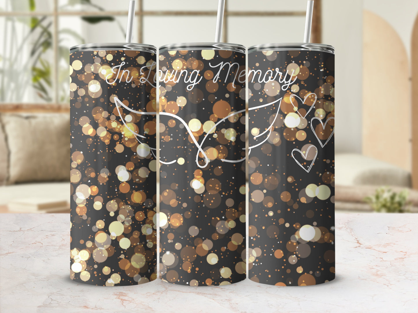 Glittering bokeh pattern with "In Loving Memory" and hearts on a tumbler.