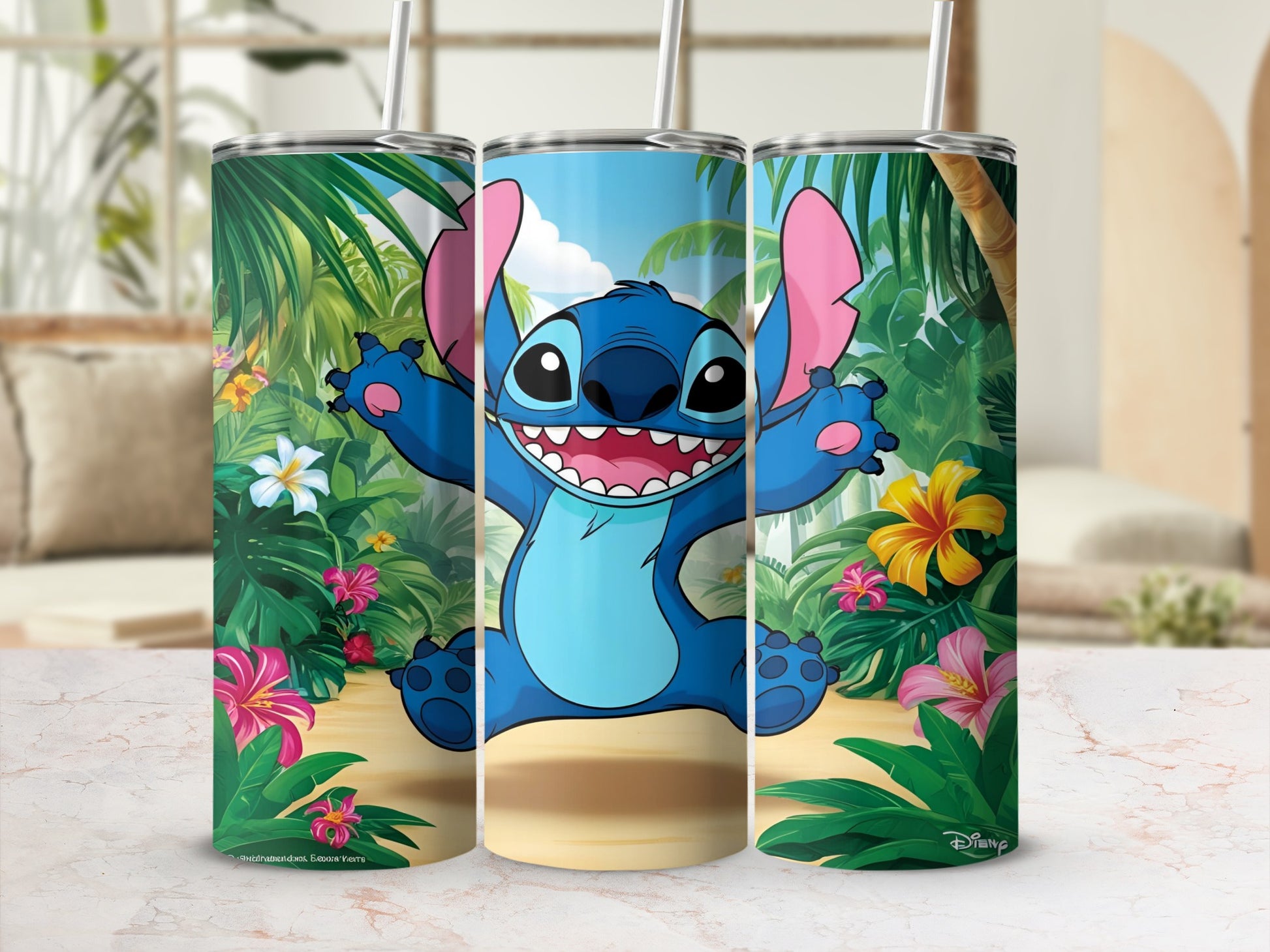 Stitch character with arms outstretched in a jungle setting on a tumbler.