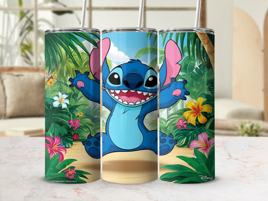 Stitch character with arms outstretched in a jungle setting on a tumbler.