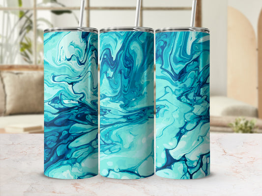 Three tumblers with a swirling blue and teal abstract pattern and metal straws.