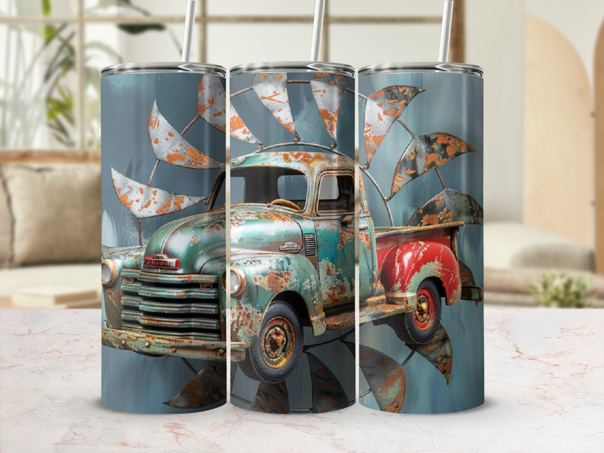 Vintage teal truck with rusted windmill background tumbler.