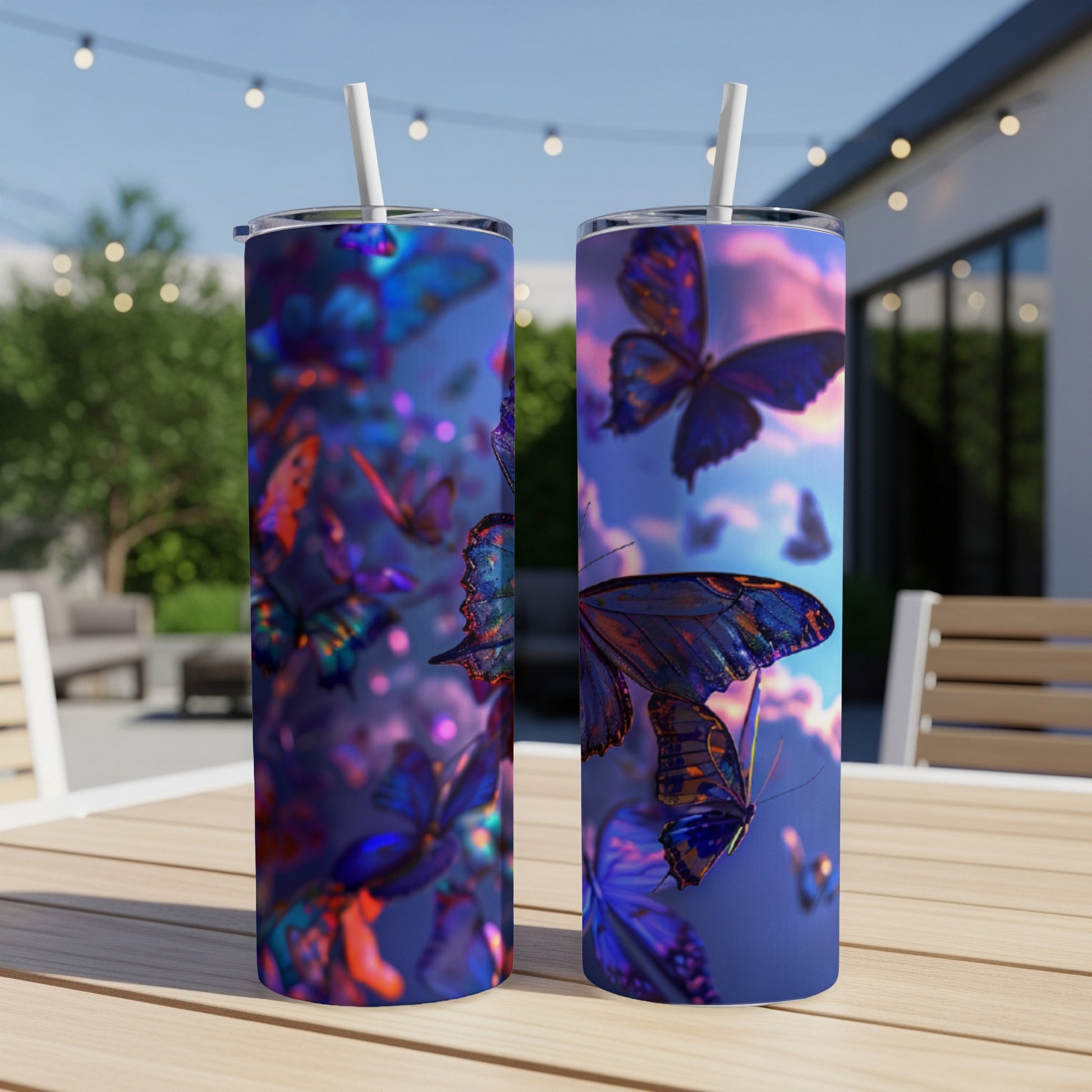 Two tumblers with a vibrant butterfly design on a blurred outdoor background.