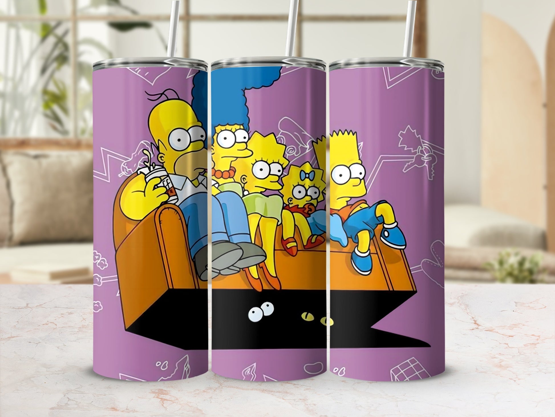 Cartoon Family Sitting On Couch Unique Drinkware