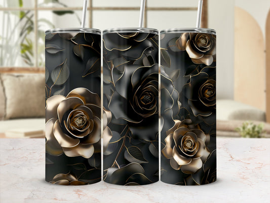 Three tumblers featuring a black background with gold and bronze floral patterns.
