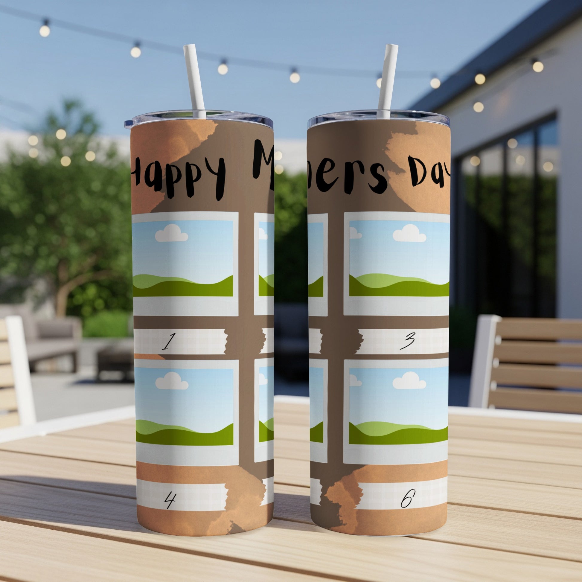 Tumblers with "Happy Mother's Day" text and photo collage frames.