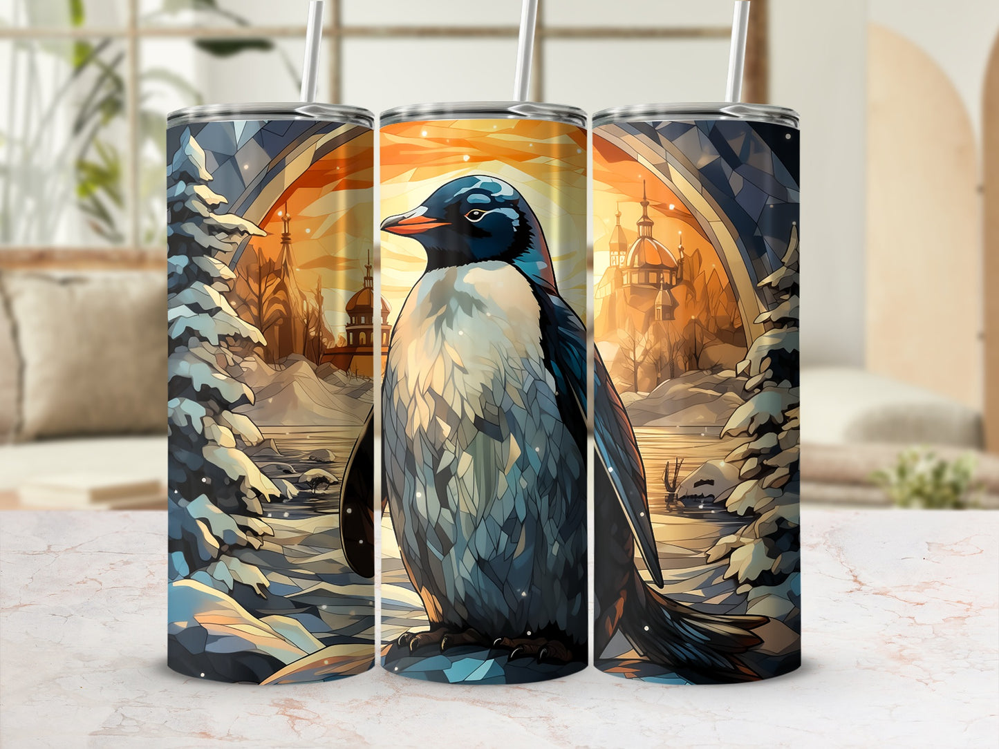 Penguin on snowy landscape with stylized city in background, sunset glow.