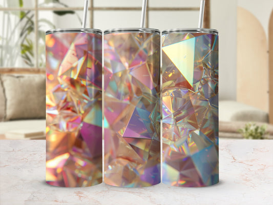 Three tumblers with abstract, faceted geometric patterns in iridescent colors.