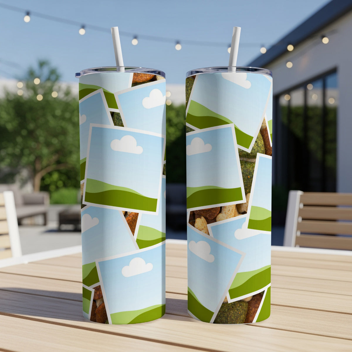 Two tall tumblers with a collage of framed landscape photos and food items.