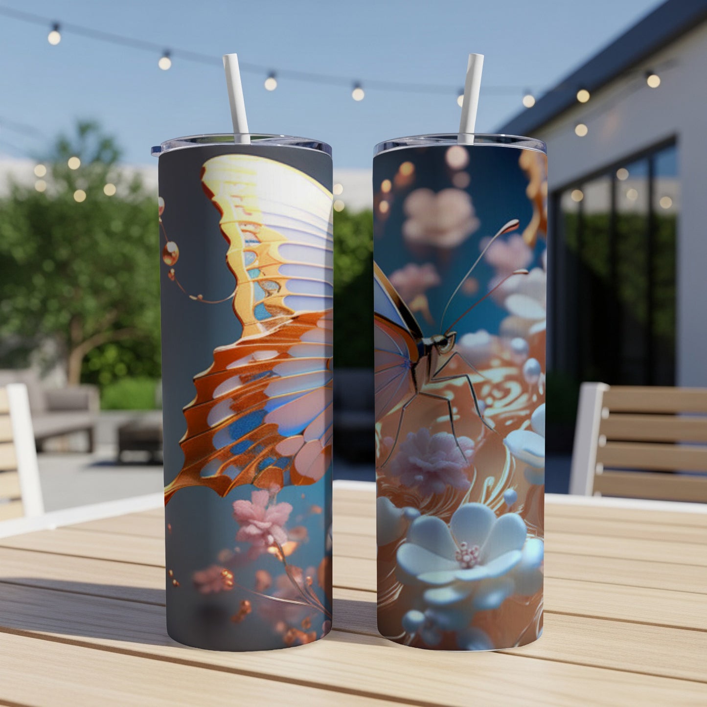 Two tumblers with butterfly and floral designs on a wooden table.