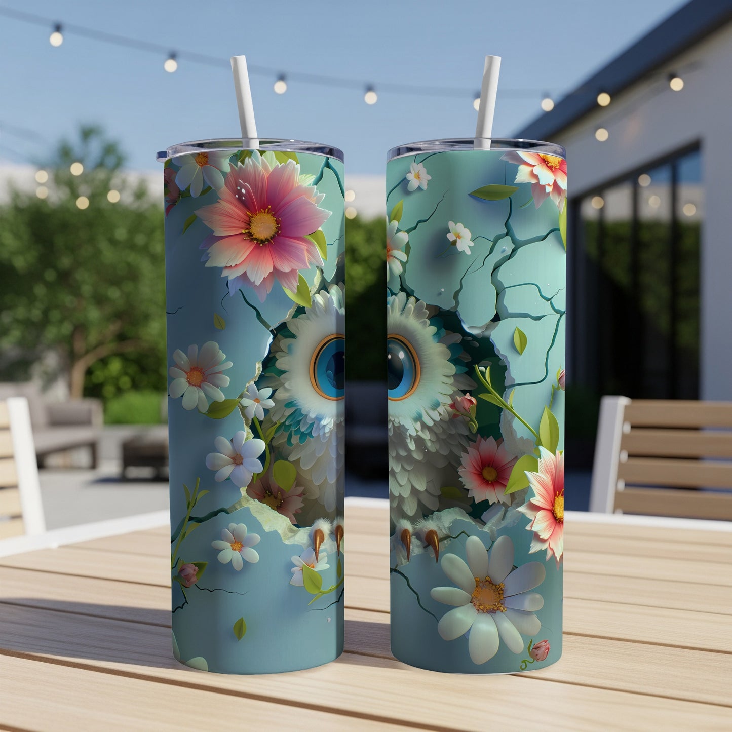 Two tall tumblers with a cracked teal design featuring a whimsical owl and flowers.