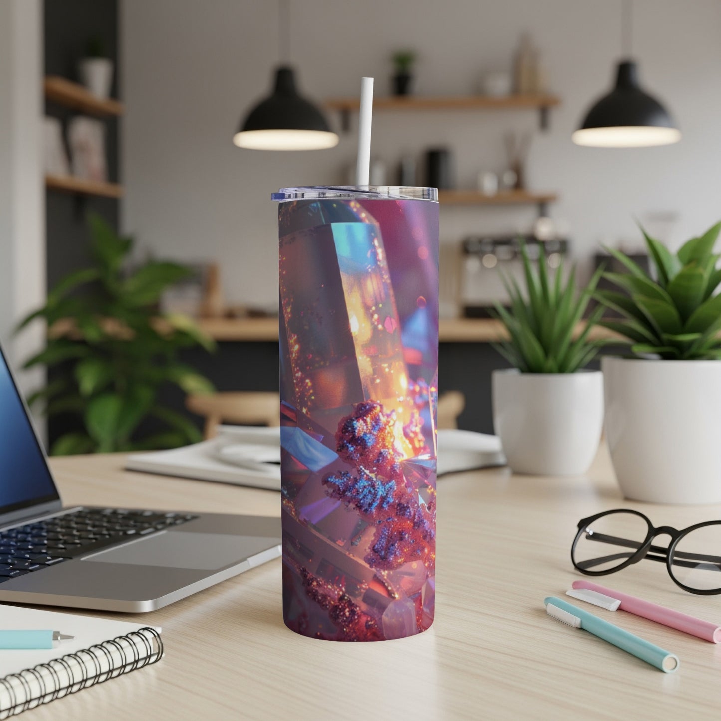 Tumbler with colorful abstract crystal design and straw on desk.