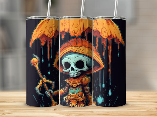 Three tumblers with a cartoon skeleton character under an orange umbrella during a rain shower.