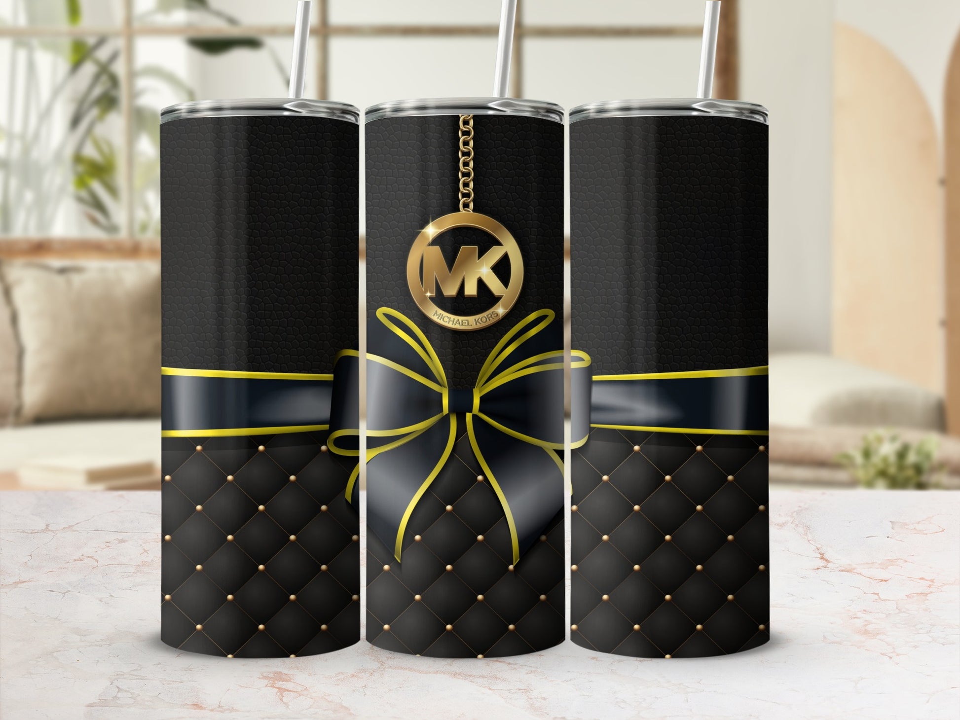 MK Black and Gold Ribbon Tumbler Flask