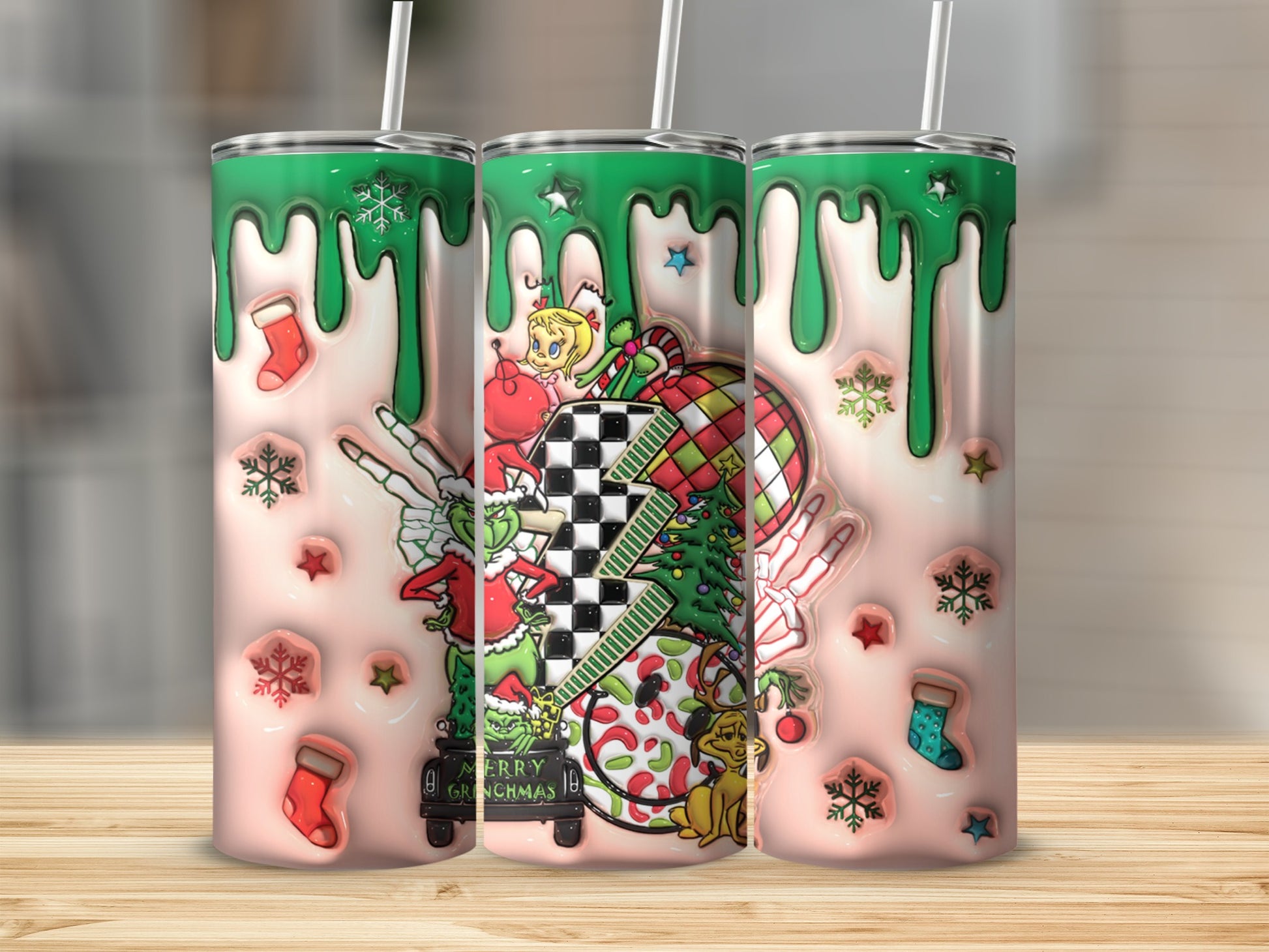 Festive Grinch Christmas Scene with Ornaments Tumbler