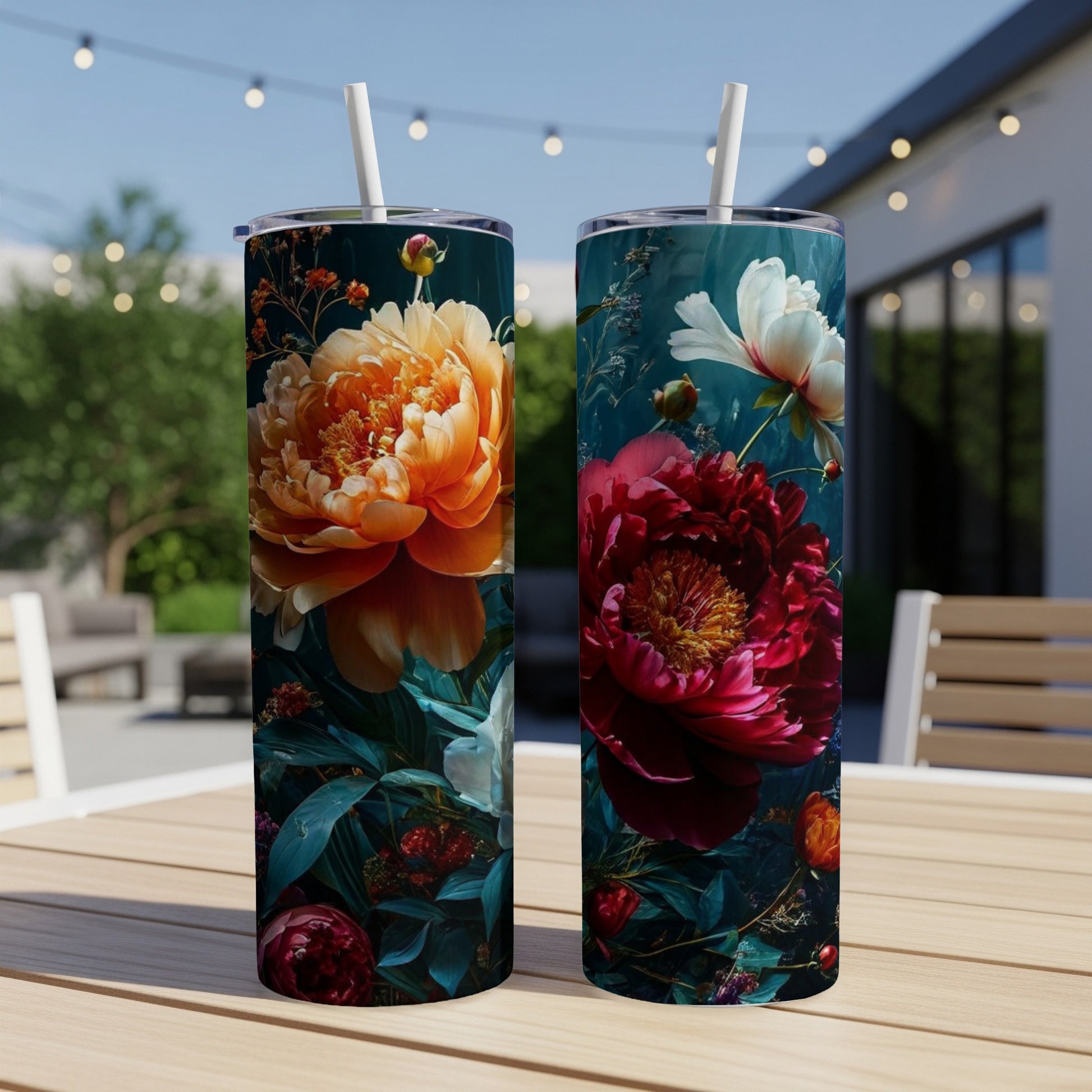 Two tumblers with floral designs of peonies and greenery.