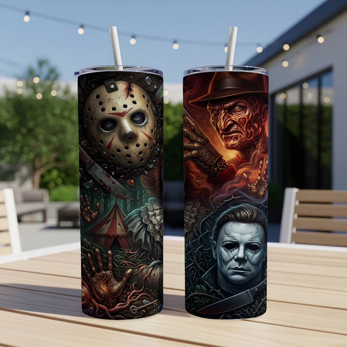 Two tumblers featuring horror movie villains: Jason, Freddy, and Michael Myers.