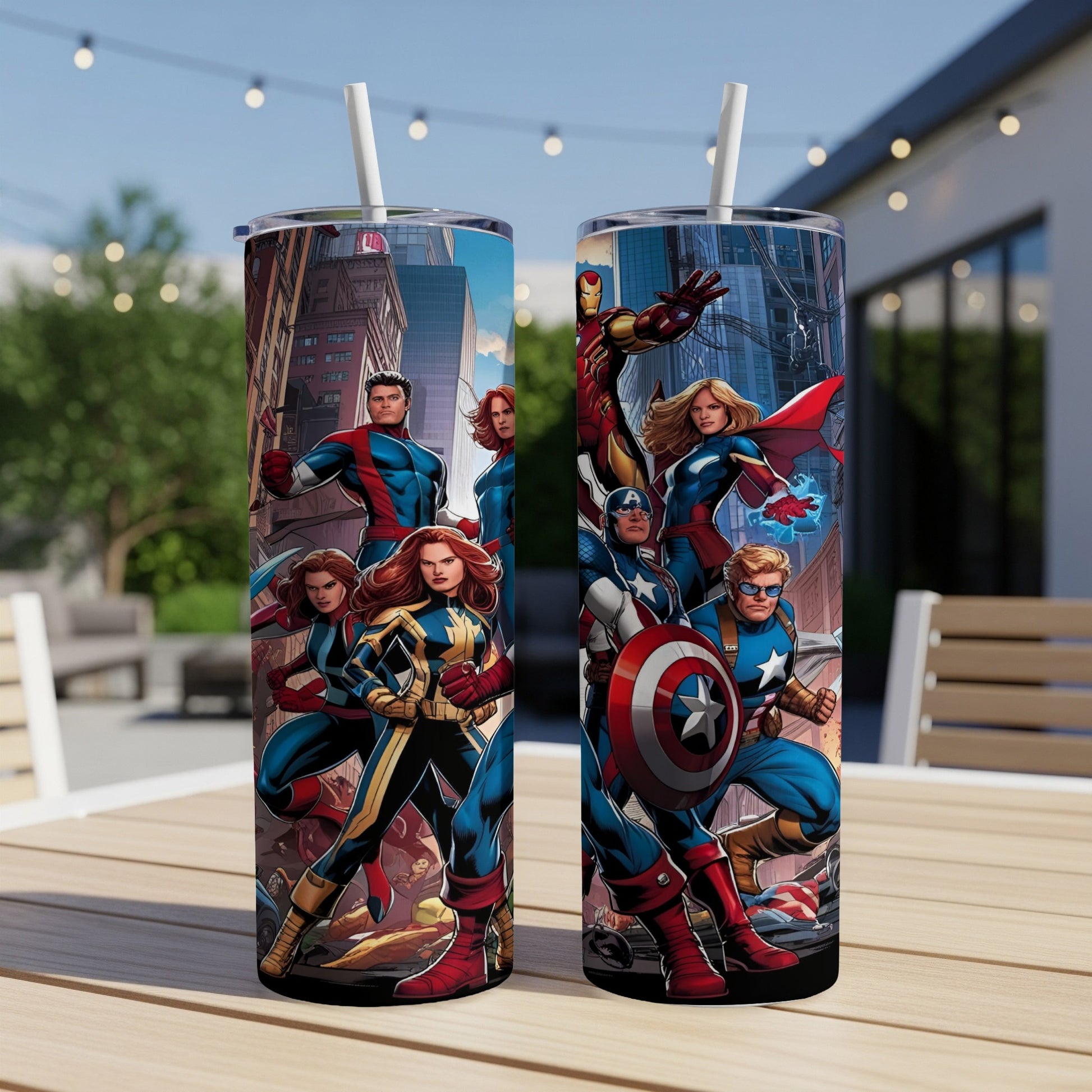 Marvel's Avengers assembled on a stainless steel tumbler with straw.