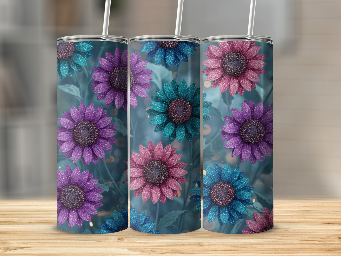 Glittery Floral Design Tumblers with Straw