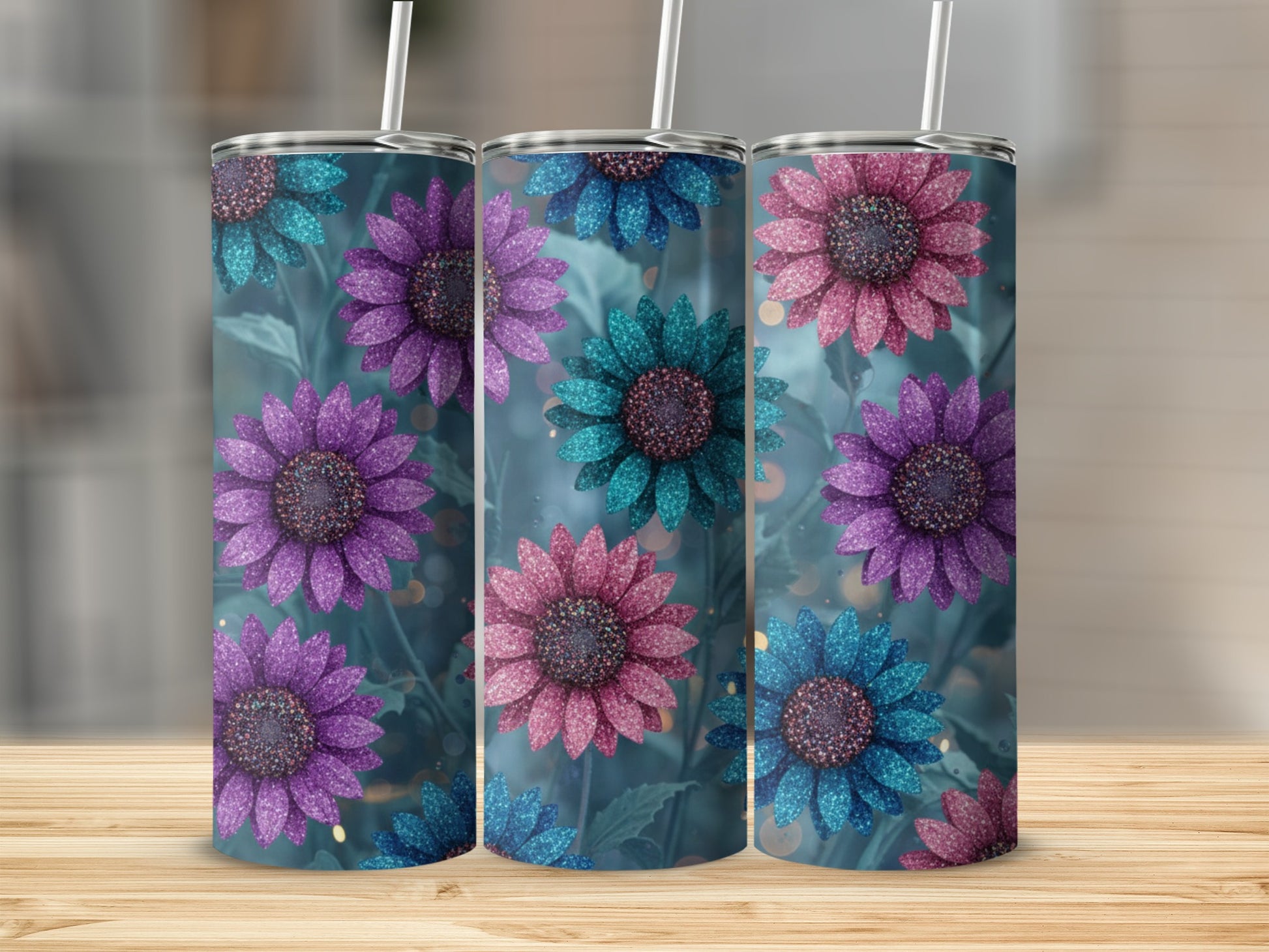 Glittery Floral Design Tumblers with Straw