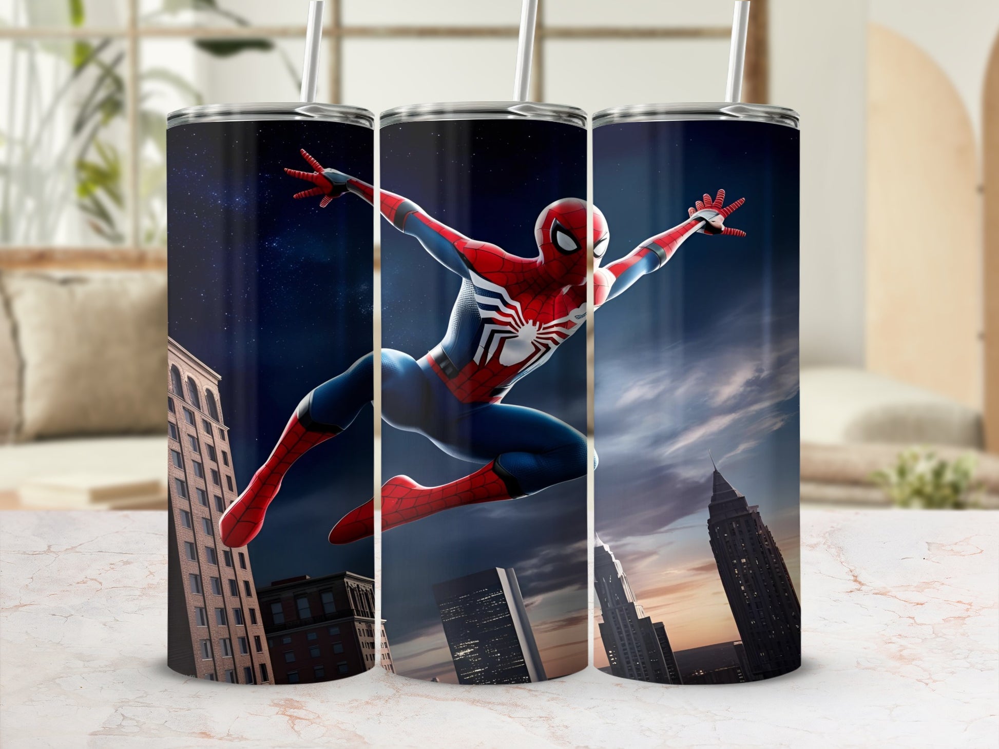 Spider-Man in action pose against a city skyline backdrop.