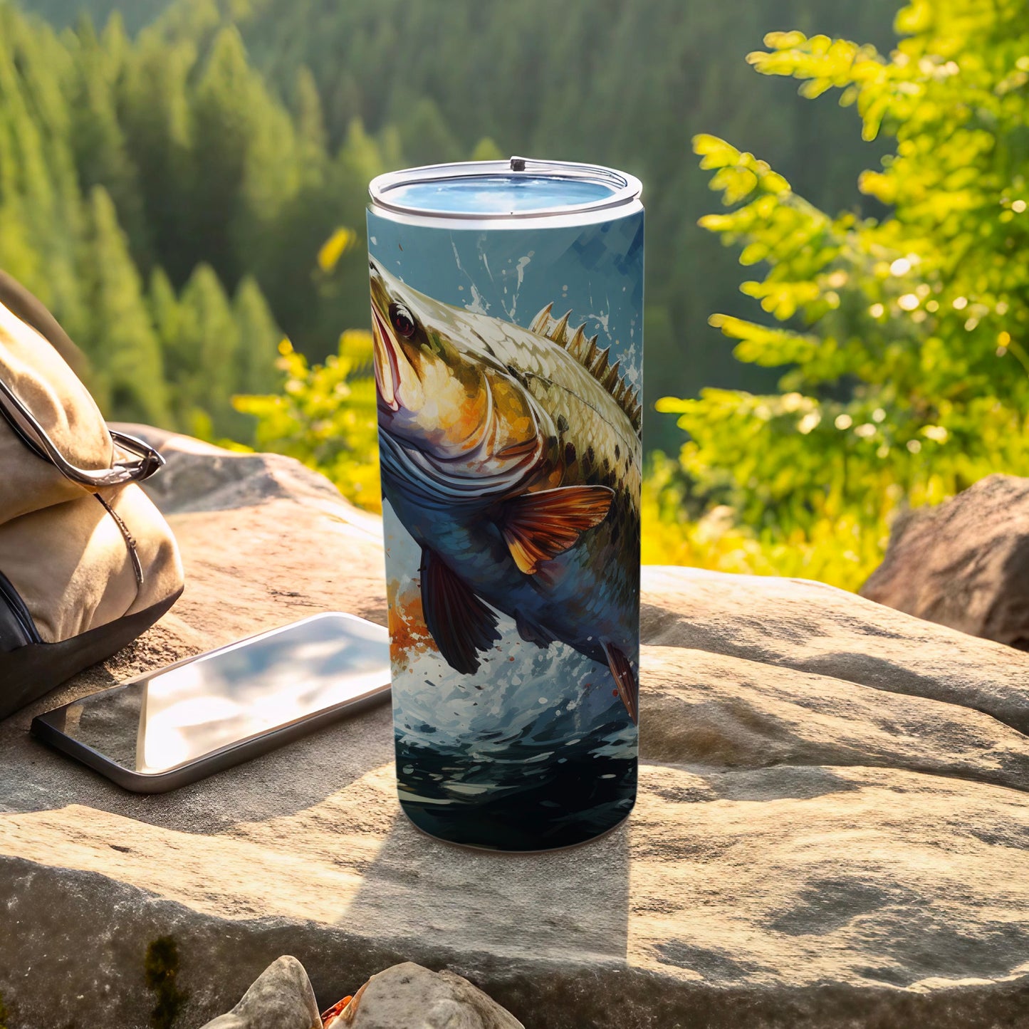 Bass jumping from water on a fishing-themed tumbler.
