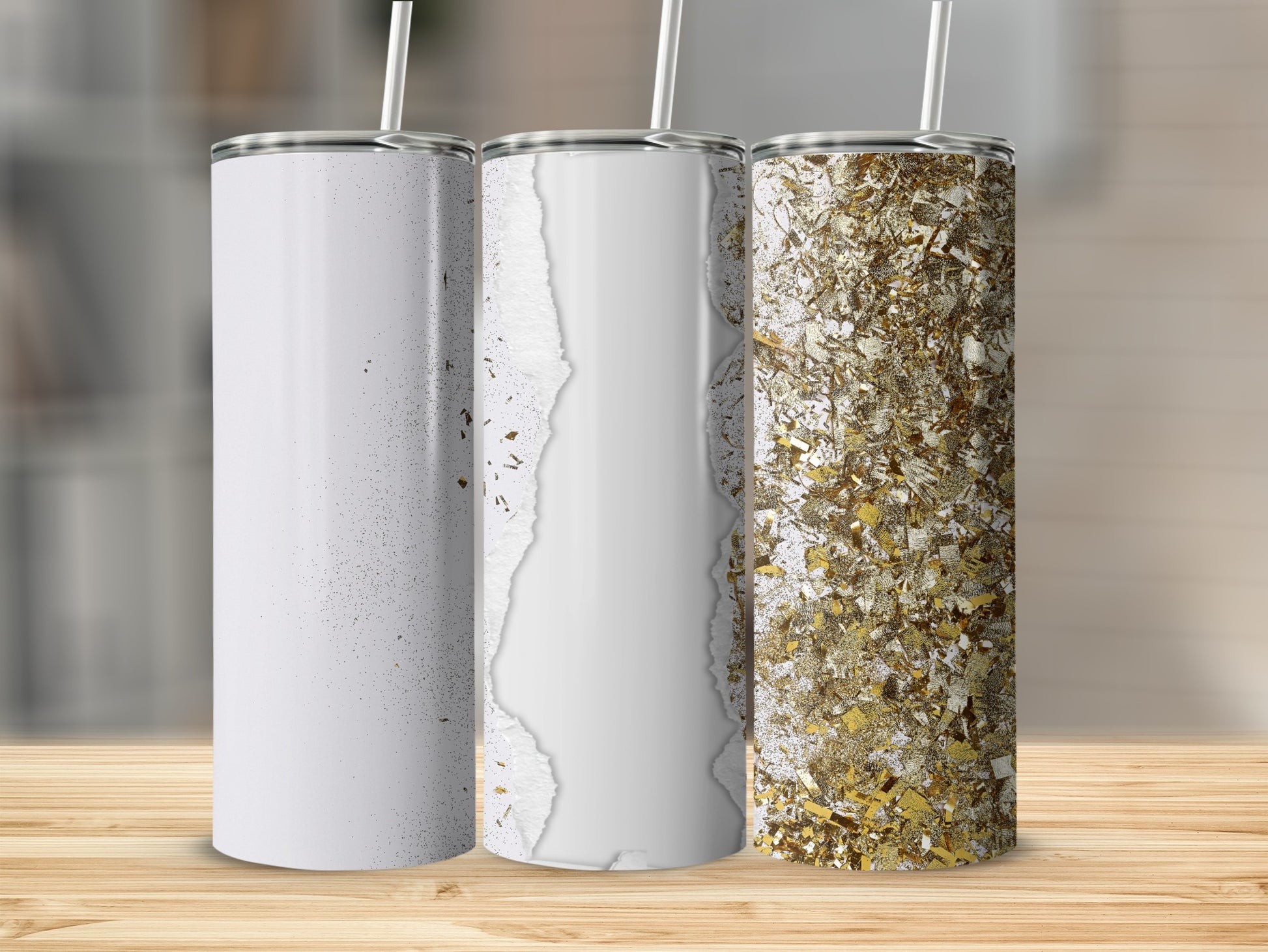 Three white tumblers with textured designs, including glitter and paper-like layers.