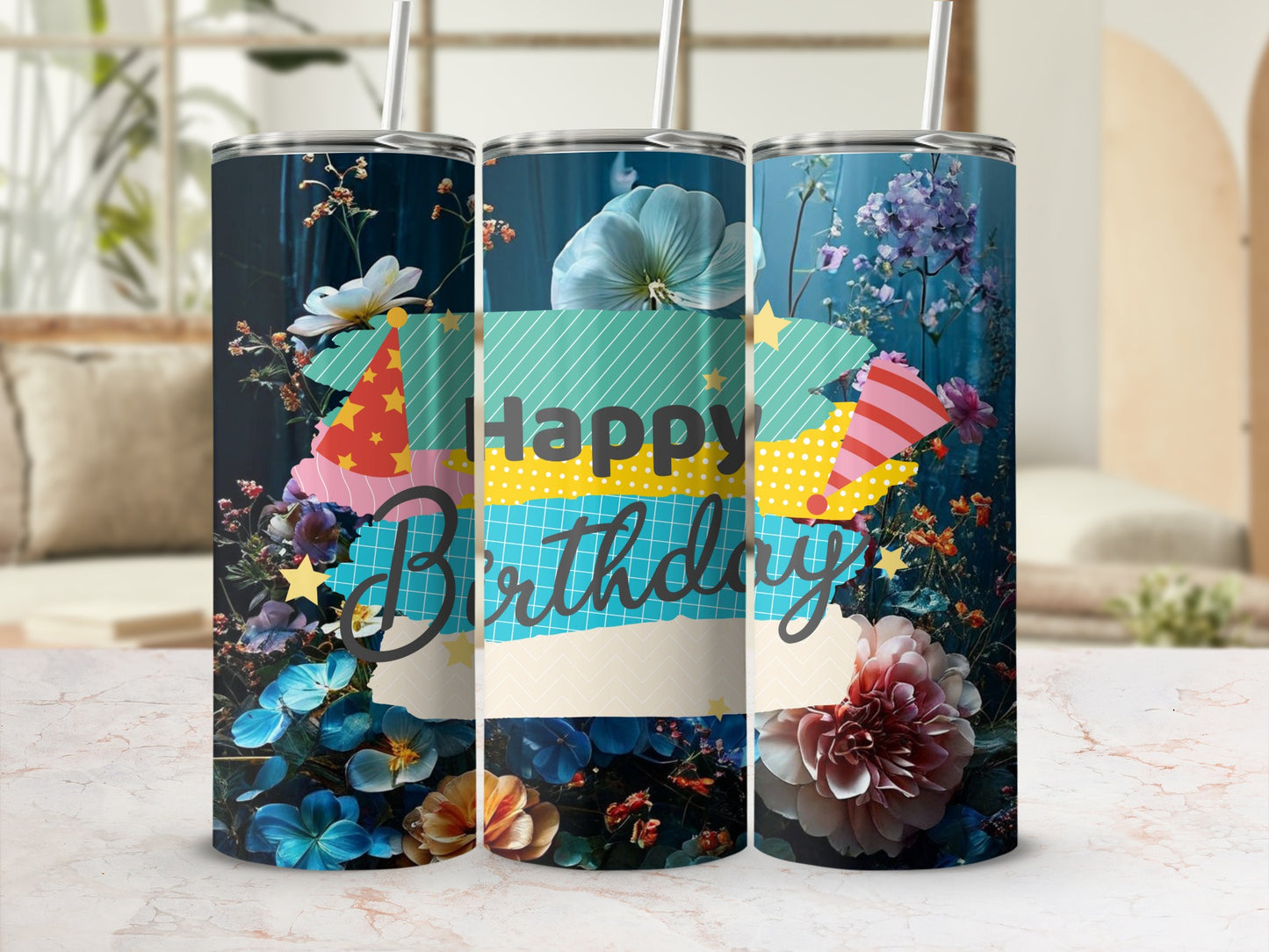 Tumbler with "Happy Birthday" text, colorful flowers, and confetti.