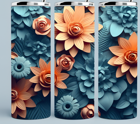 3D Teal and Peach Paper flower tumbler